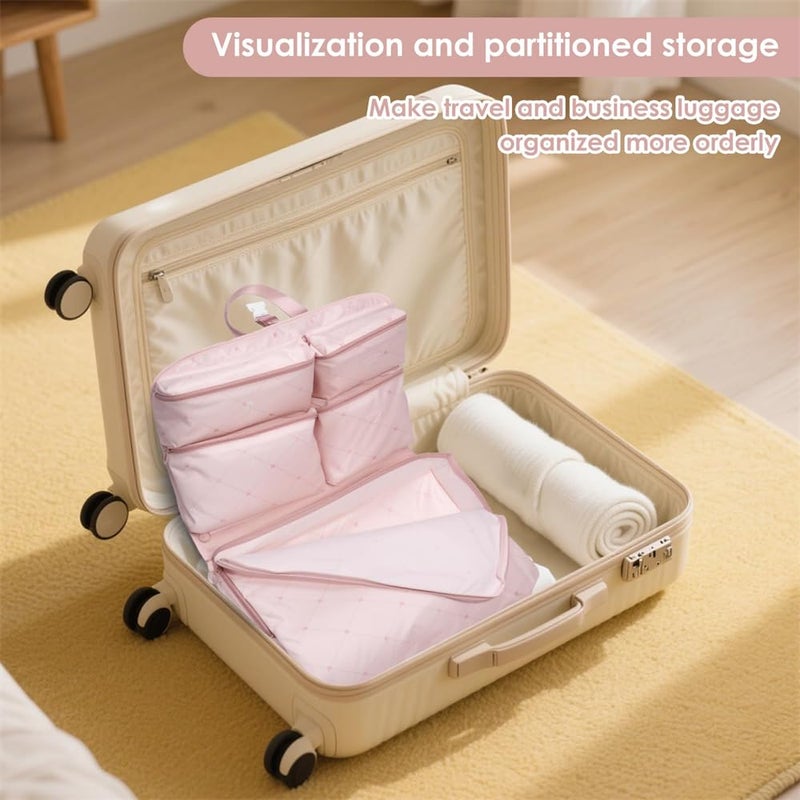 Hanging Travel Organizer Bag, Foldable Garment Storage with Multiple Compartments, Waterproof Oxford Luggage Organizer for Clothes, Makeup, Toiletries, Large Capacity (Pink) - Image 3
