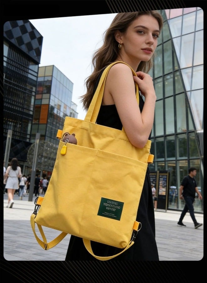 Joychic Casual Canvas Shoulder Bag Multifunction Large Capacity College Students Backpack Foldable Lightweight Tote Bag Yellow - Image 1