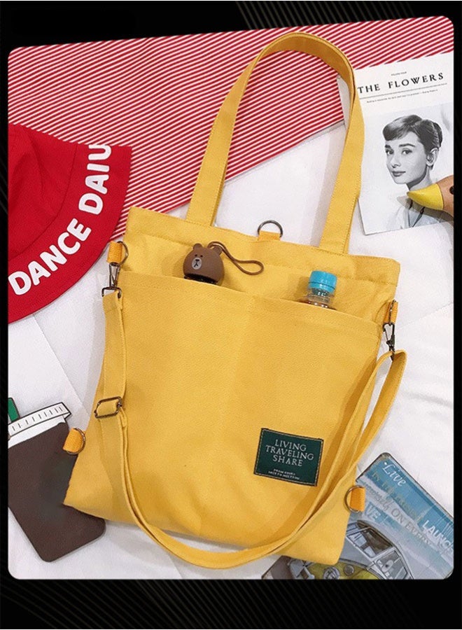 Joychic Casual Canvas Shoulder Bag Multifunction Large Capacity College Students Backpack Foldable Lightweight Tote Bag Yellow - Image 4