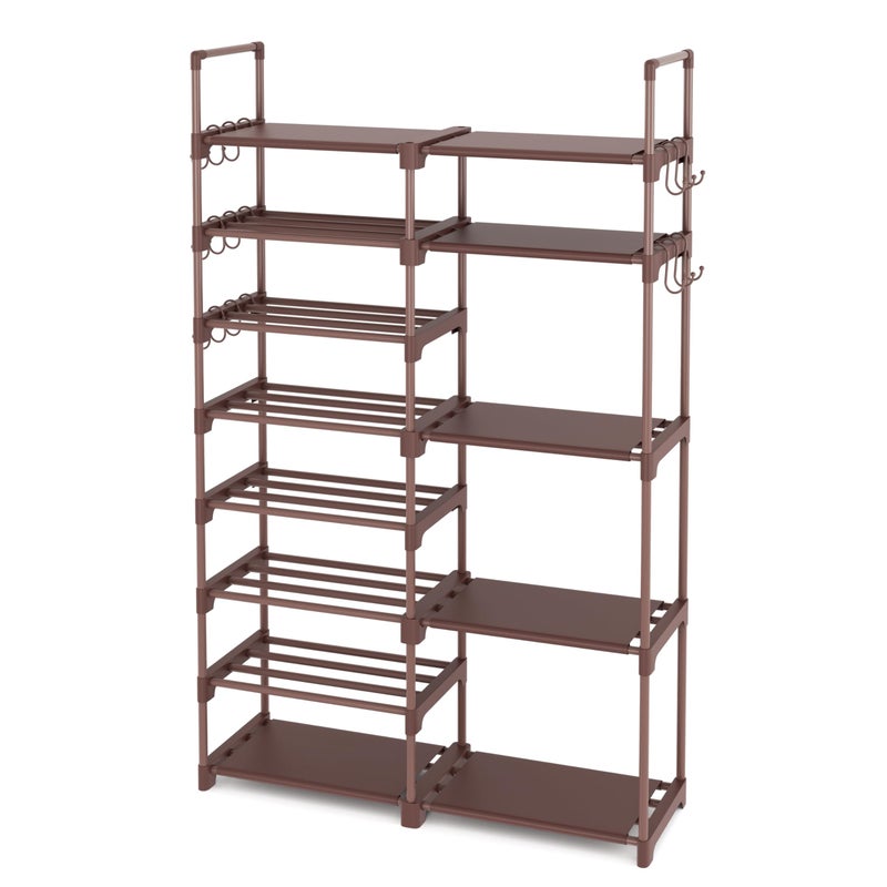 ROJASOP Shoe Rack Organizer 8Tier Metal Shoe Rack for Closet Entryway Garage 2632 Pairs Tall Shoe Boot Storage Shelf with 15 Hooks Stackable Large Shoe Stand Brown