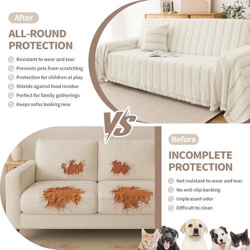 KaviKon Boho Sofa Covers for 3 Cushion Couch, Chenille Sofa Slipcover for Pets Washable, L-Shape Sectional Loveseat Cover Soft Throw Blankets with Tassels(91x134,Striped Beige) - Image 2