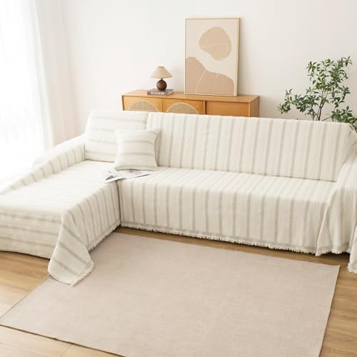 KaviKon Boho Sofa Covers for 3 Cushion Couch, Chenille Sofa Slipcover for Pets Washable, L-Shape Sectional Loveseat Cover Soft Throw Blankets with Tassels(91x134,Striped Beige) - Image 5