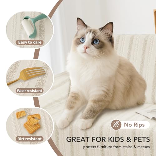 KaviKon Boho Sofa Covers for 3 Cushion Couch, Chenille Sofa Slipcover for Pets Washable, L-Shape Sectional Loveseat Cover Soft Throw Blankets with Tassels(91x134,Striped Beige) - Image 3