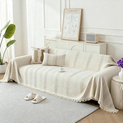 KaviKon Boho Sofa Covers for 3 Cushion Couch, Chenille Sofa Slipcover for Pets Washable, L-Shape Sectional Loveseat Cover Soft Throw Blankets with Tassels(91x134,Striped Beige) - Image 1
