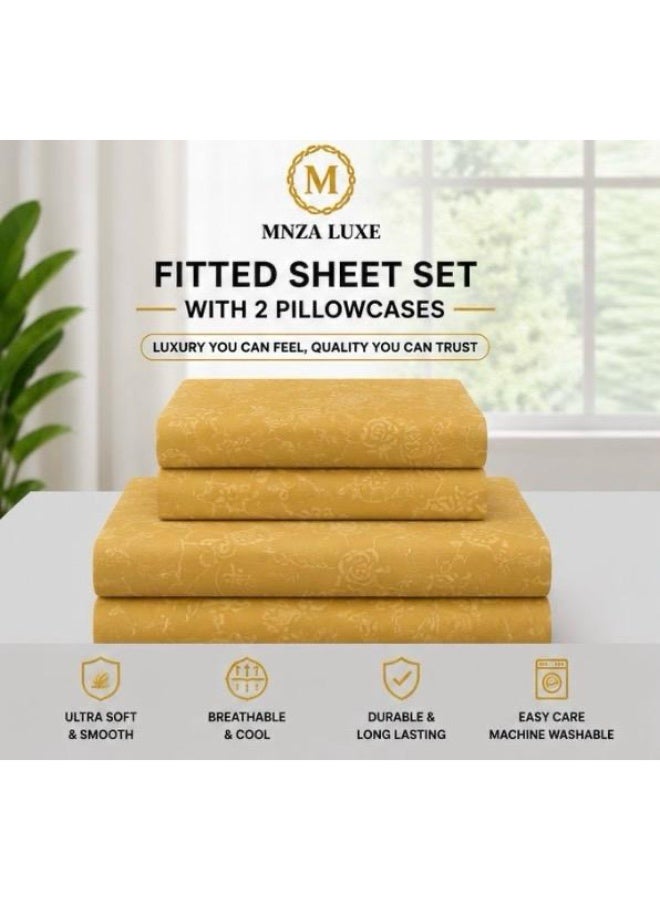 طقم ملاءة سرير مطاطية من الألياف الدقيقة بتصميم زهري من MNZA LUXE، ملاءة مطاطية واحدة + غطاءا وسادة | ناعم للغاية، قابل للتهوية، مقاوم للتجاعيد | ذهبي - Image 4