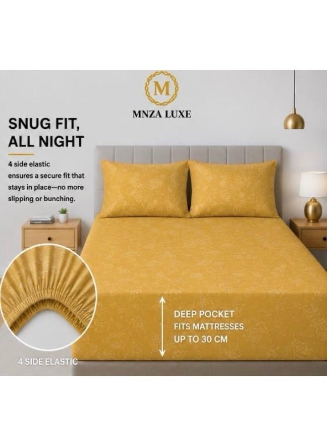 طقم ملاءة سرير مطاطية من الألياف الدقيقة بتصميم زهري من MNZA LUXE، ملاءة مطاطية واحدة + غطاءا وسادة | ناعم للغاية، قابل للتهوية، مقاوم للتجاعيد | ذهبي - Image 1