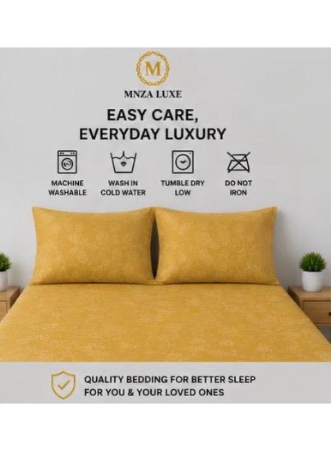 طقم ملاءة سرير مطاطية من الألياف الدقيقة بتصميم زهري من MNZA LUXE، ملاءة مطاطية واحدة + غطاءا وسادة | ناعم للغاية، قابل للتهوية، مقاوم للتجاعيد | ذهبي - Image 3