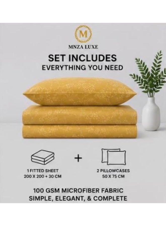 طقم ملاءة سرير مطاطية من الألياف الدقيقة بتصميم زهري من MNZA LUXE، ملاءة مطاطية واحدة + غطاءا وسادة | ناعم للغاية، قابل للتهوية، مقاوم للتجاعيد | ذهبي - Image 2
