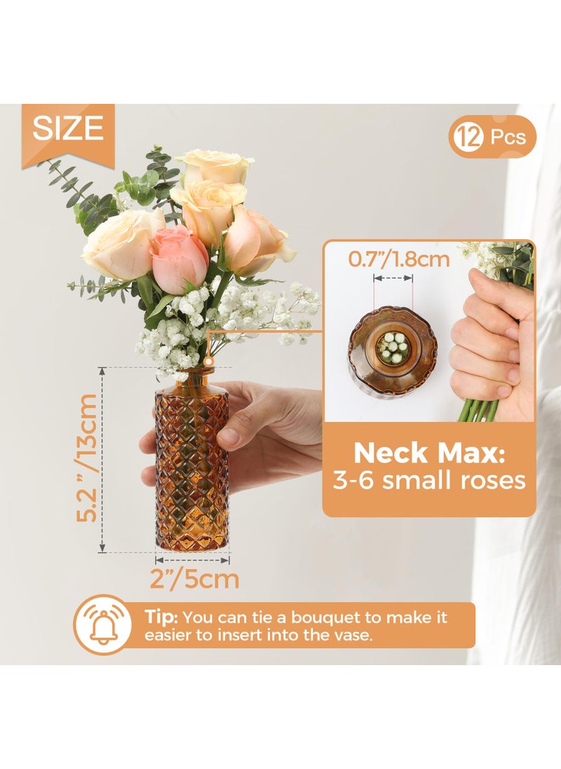 ComSaf ComSaf Glass Bud Vases Set of 12  Small Diamond Bud Vases in Bulk  Mini Flowers Vases for Centerpieces  Vintage Bottle for Table Decorations  Wedding Decor  Recepetion  Home  (Amber)  - Image 2