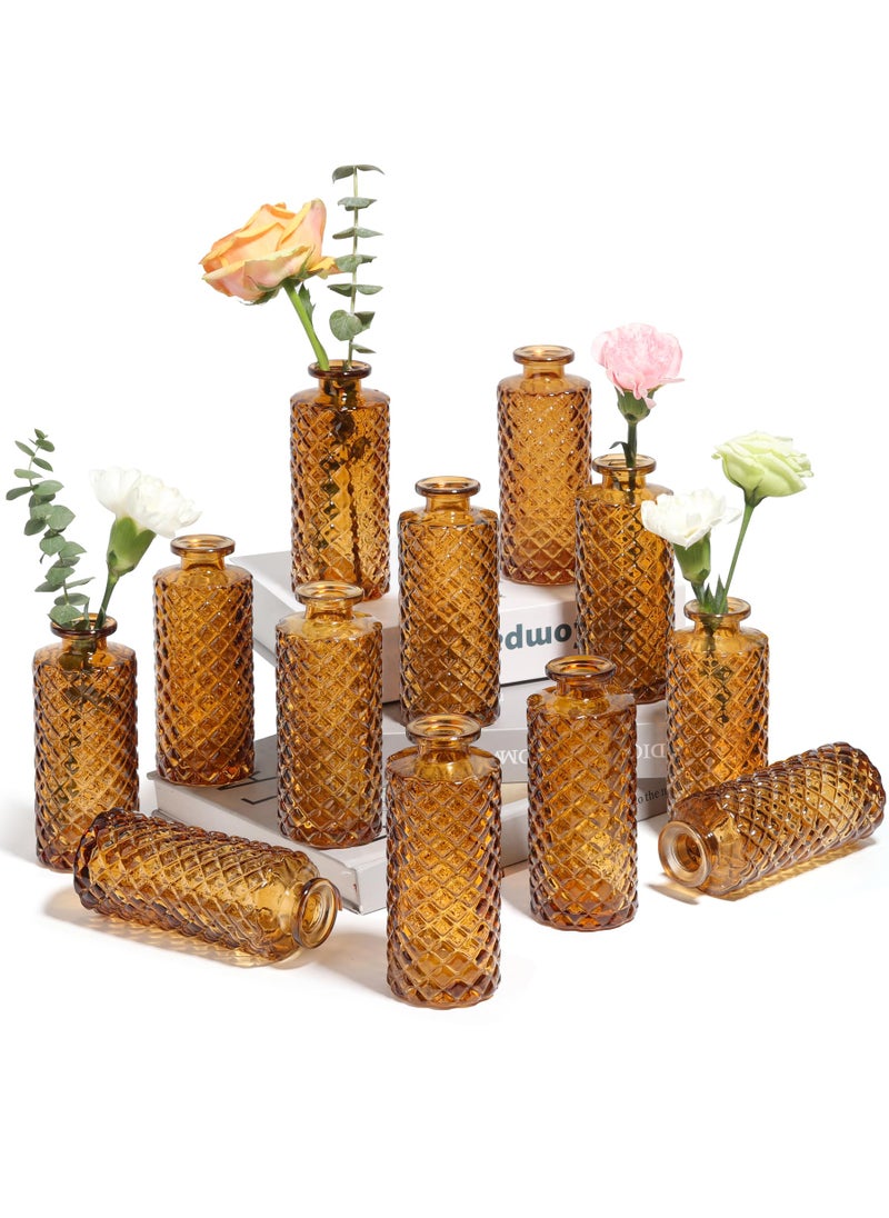 ComSaf ComSaf Glass Bud Vases Set of 12  Small Diamond Bud Vases in Bulk  Mini Flowers Vases for Centerpieces  Vintage Bottle for Table Decorations  Wedding Decor  Recepetion  Home  (Amber)  - Image 1