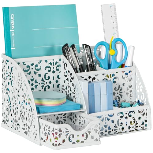 EasyPAG Pen Holder Desk Organizer with Drawer Pencil Cup for Desk 6 Compartments Metal Office Caddy Storage with Sticky Notes Holder for School Home Office, White - Image 1