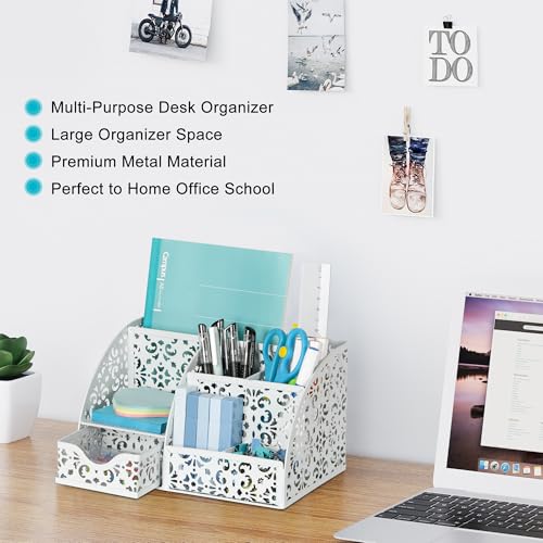 EasyPAG Pen Holder Desk Organizer with Drawer Pencil Cup for Desk 6 Compartments Metal Office Caddy Storage with Sticky Notes Holder for School Home Office, White - Image 3