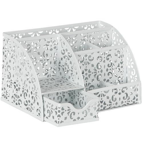 EasyPAG Pen Holder Desk Organizer with Drawer Pencil Cup for Desk 6 Compartments Metal Office Caddy Storage with Sticky Notes Holder for School Home Office, White - Image 2