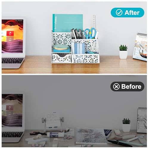 EasyPAG Pen Holder Desk Organizer with Drawer Pencil Cup for Desk 6 Compartments Metal Office Caddy Storage with Sticky Notes Holder for School Home Office, White - Image 5