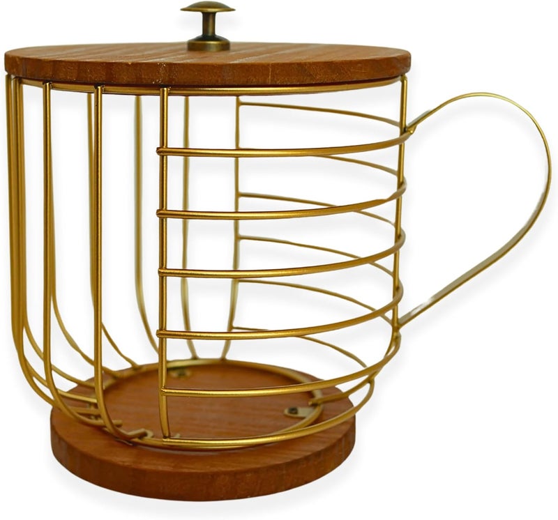 FIVE TWENTY CO. Large Coffee Pod Holder – Compatible w/KCup Pods and Capsules - Gold Metal K Cup Holder - Cute Coffee Pod Basket w/Wooden Lid - Coffee Pod Storage - Coffee Bar Decor (Wood & Gold, Large) - Image 1