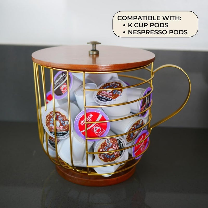 FIVE TWENTY CO. Large Coffee Pod Holder – Compatible w/KCup Pods and Capsules - Gold Metal K Cup Holder - Cute Coffee Pod Basket w/Wooden Lid - Coffee Pod Storage - Coffee Bar Decor (Wood & Gold, Large) - Image 2