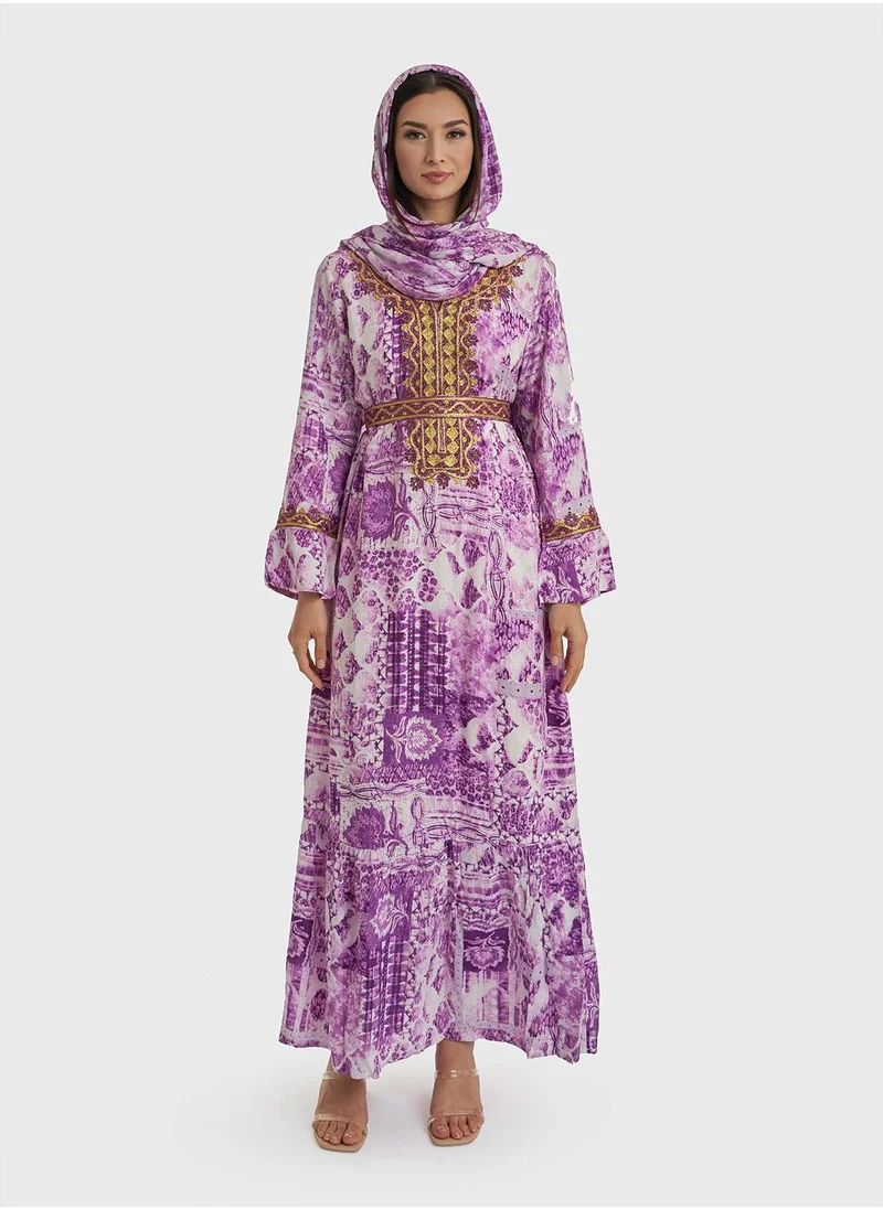 KASHKHA Tie-Dye Jalabiya with Bottom Frill and Dupatta
