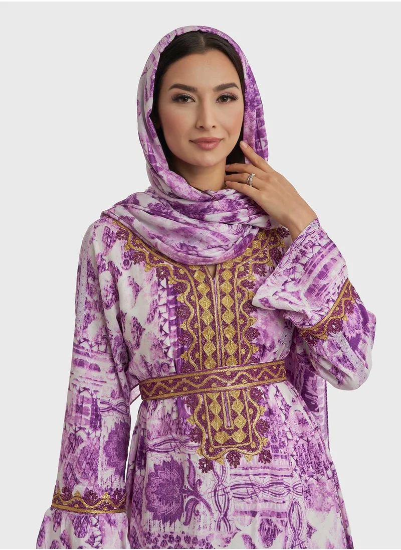 KASHKHA Tie-Dye Jalabiya with Bottom Frill and Dupatta