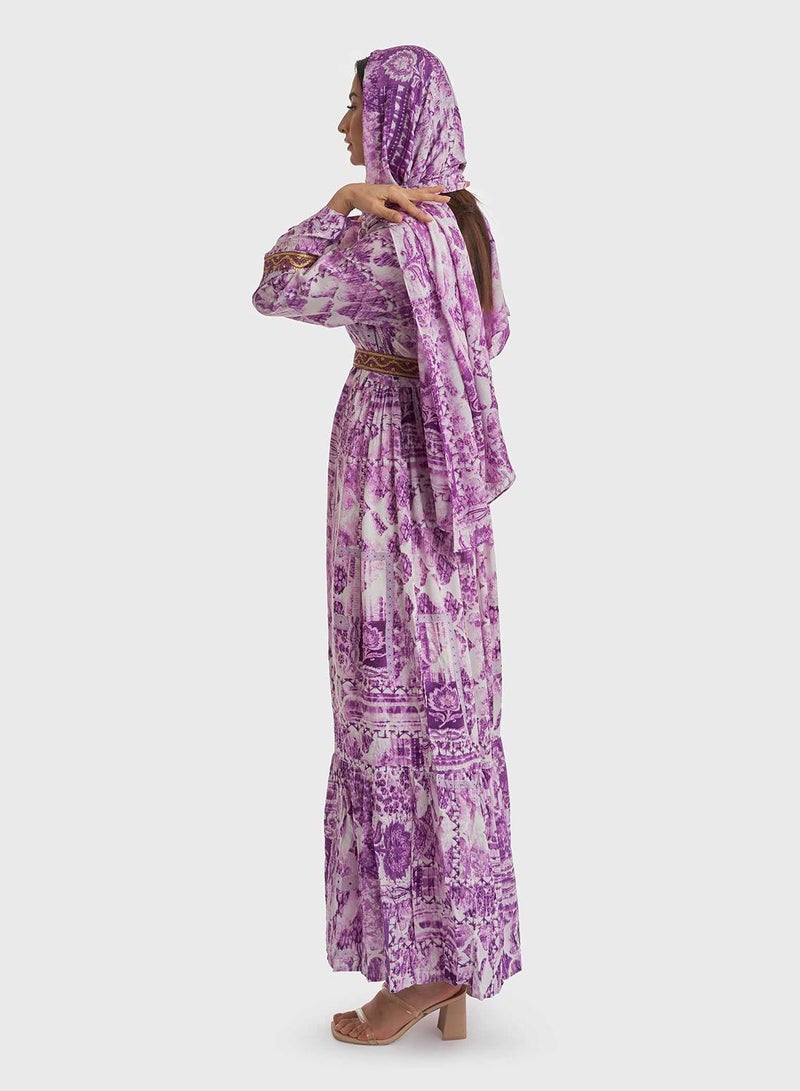KASHKHA Tie-Dye Jalabiya with Bottom Frill and Dupatta - Image 3