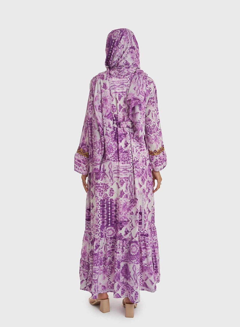 KASHKHA Tie-Dye Jalabiya with Bottom Frill and Dupatta - Image 4