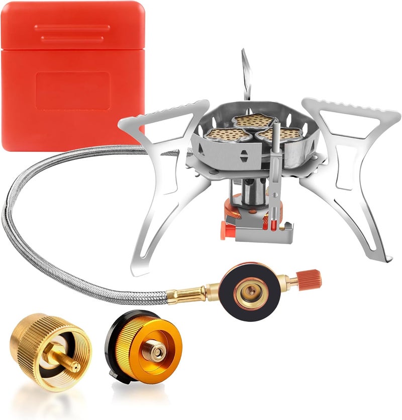 RIDEIWAKE 6800W Camping Stove with Fuel Canister Adapter Portable Backpacking Gas Stove with Piezo Ignition, 1LB Propane Tank Adapter, Butane Adapter for Outdoor Cooking, Picnic, Camping and Hiking - Image 1