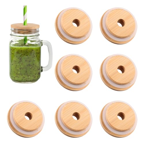 DOITOOL 8Pcs Bamboo Jar Lids with Straw Hole, Reusable Bamboo Lids for Beer Can Glass, 70mm Mason Jar Lids with Straw Hole for Wide Mouth Mason Jar (8pcs) - Image 1