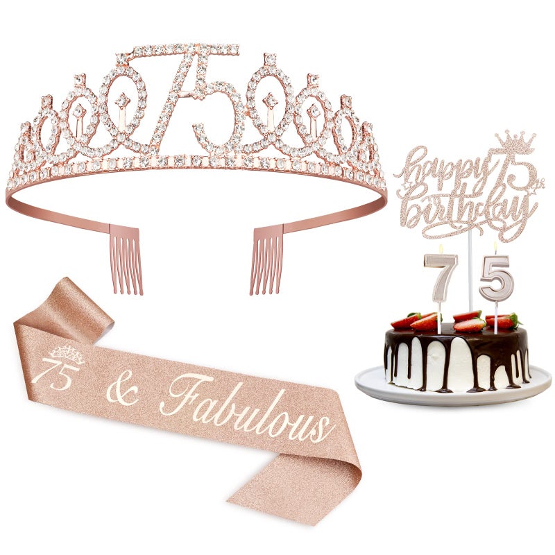 Juesly 75th Birthday Decorations for Women Including Sash, Crown/Tiara, Candles and Cake Topper, Rose Gold 75 Birthday Gifts Party Favor Supplies - Image 1