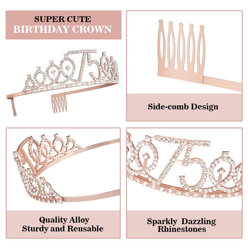 Juesly 75th Birthday Decorations for Women Including Sash, Crown/Tiara, Candles and Cake Topper, Rose Gold 75 Birthday Gifts Party Favor Supplies - Image 4