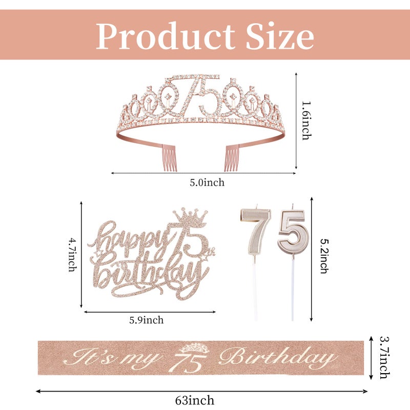 Juesly 75th Birthday Decorations for Women Including Sash, Crown/Tiara, Candles and Cake Topper, Rose Gold 75 Birthday Gifts Party Favor Supplies - Image 2