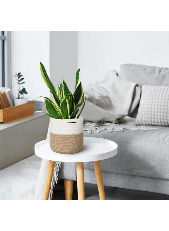 MEGASKET Small Wicker Plant Basket Indoor, 8"x8" Jute Spliced Cotton Rope Basket Planter Up to 7" Pot, Modern Flower Tree Pots Cover, Small Floor Woven Planters, Home Decor Storage Bin - Image 4