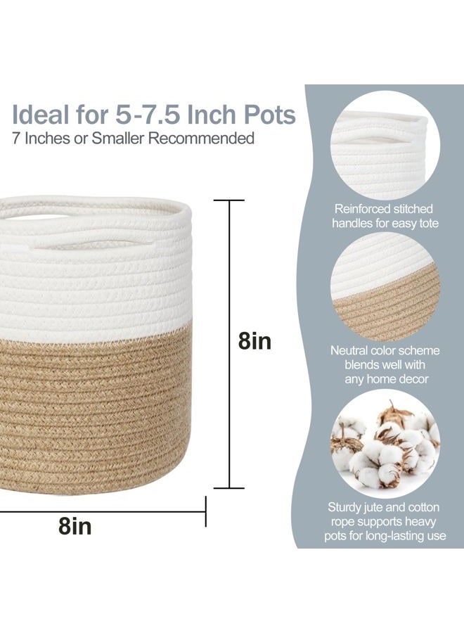 MEGASKET Small Wicker Plant Basket Indoor, 8"x8" Jute Spliced Cotton Rope Basket Planter Up to 7" Pot, Modern Flower Tree Pots Cover, Small Floor Woven Planters, Home Decor Storage Bin - Image 2