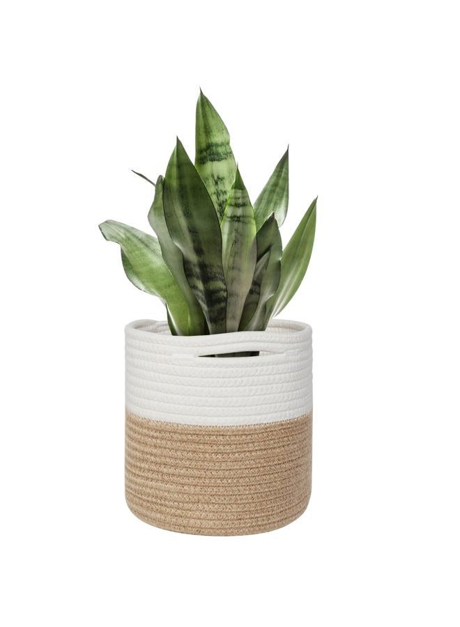 MEGASKET Small Wicker Plant Basket Indoor, 8"x8" Jute Spliced Cotton Rope Basket Planter Up to 7" Pot, Modern Flower Tree Pots Cover, Small Floor Woven Planters, Home Decor Storage Bin - Image 1