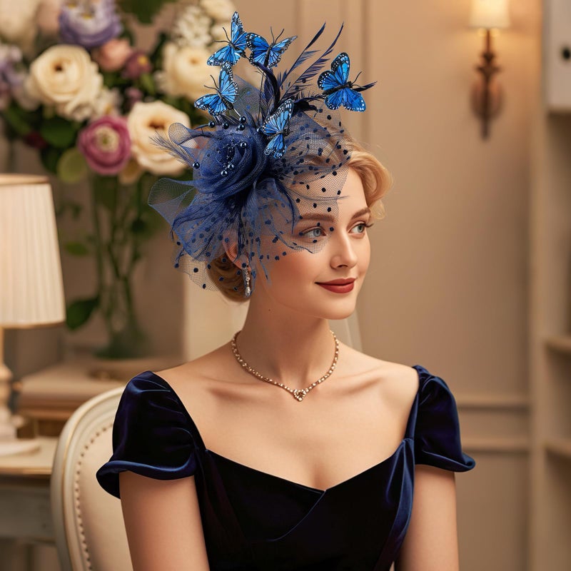 Zinniday Blue Butterfly Fascinators Hat - 2026 Victoria Derby Attire Fascinator with Hairpin, Monarch Butterfly Tea Party Hats for Women Lady Girl Masquerade Ball Party Costume Headwear - Image 2
