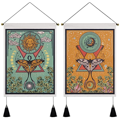 Jufay Pack of 2 Sun and Moon Tapestries - Moth Tapestry Orange and Green Flower Vine Wall Hanging (13.8 x 19.7 inches) - Image 1