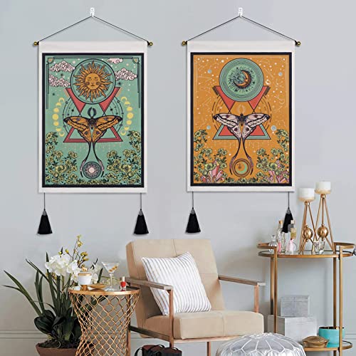Jufay Pack of 2 Sun and Moon Tapestries - Moth Tapestry Orange and Green Flower Vine Wall Hanging (13.8 x 19.7 inches) - Image 4