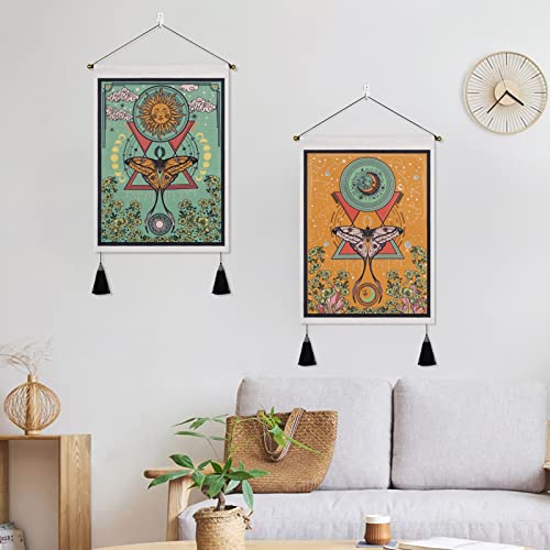Jufay Pack of 2 Sun and Moon Tapestries - Moth Tapestry Orange and Green Flower Vine Wall Hanging (13.8 x 19.7 inches) - Image 2