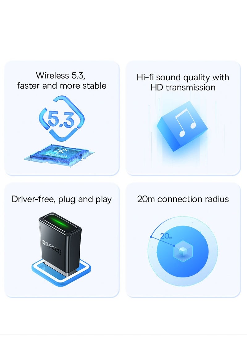 بيسوس محول USB بلوتوث 5.3 للكمبيوتر الشخصي، دونجل بلوتوث للكمبيوتر المكتبي والكمبيوتر المحمول، نقل لاسلكي لسماعات الرأس بلوتوث ومكبرات الصوت وطابعات لوحة المفاتيح والماوس تدعم نظام التشغيل Windows 11/10/8.1 - Image 2