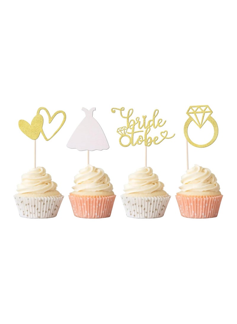 24 Pack Bride to Be Cupcake Toppers Glitter Wedding Dress Diamond Ring Love Heart Cupcake Picks for Wedding Engagement Bridal Shower Birthday Theme Party Cake Decorations Supplies Gold  - Image 1