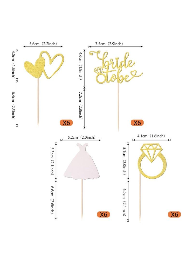 24 Pack Bride to Be Cupcake Toppers Glitter Wedding Dress Diamond Ring Love Heart Cupcake Picks for Wedding Engagement Bridal Shower Birthday Theme Party Cake Decorations Supplies Gold  - Image 2