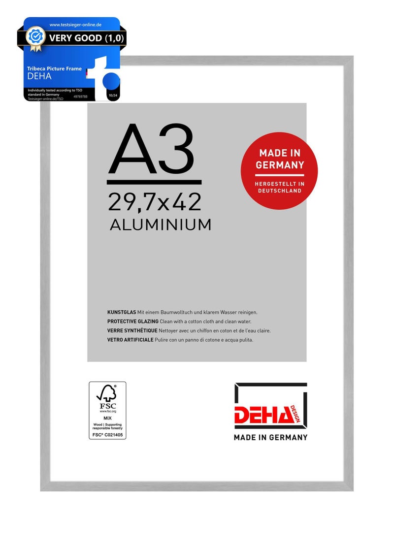 DEHA Design Tribeca Aluminium Picture Frame Brushed Silver A3 297x42cm with Push and Turn Clips