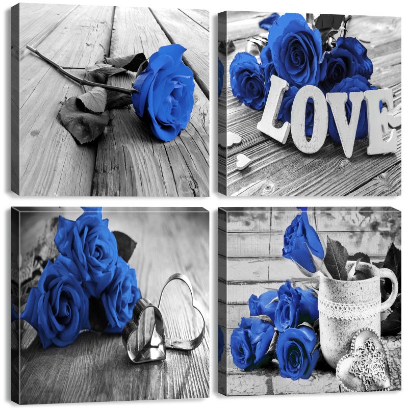 YOOOAHU Blue Wall Art Flower Wall Decor Royal Blue Rose Canvas Pictures for Bathroom Decor Black and White Romantic Floral Prints Poster Modern Love Artwork for Living Room Bedroom Home Decoration 12x12 4Pcs