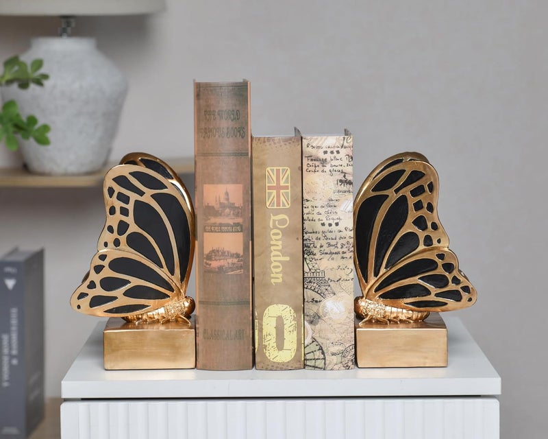 Kakizzy Vintage Brass Butterfly Bookends,Resin Book Ends for Shelves,Heavy Duty Decorative Bookends,Creative Book Stopper Holder Decor for Desk Home Office,Shelf Decoration,Gifts for Mother's Day - Image 2