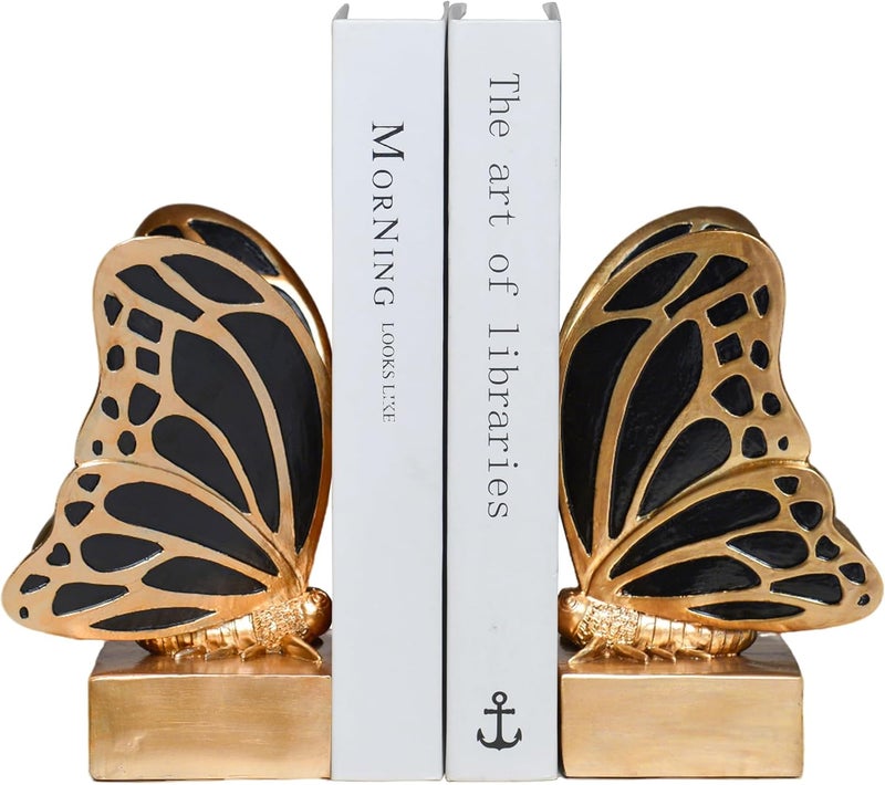 Kakizzy Vintage Brass Butterfly Bookends,Resin Book Ends for Shelves,Heavy Duty Decorative Bookends,Creative Book Stopper Holder Decor for Desk Home Office,Shelf Decoration,Gifts for Mother's Day - Image 1