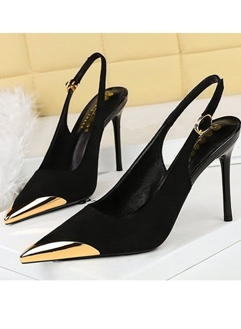 BIGTREE Women's Metal Closed Pointed Toe High Heels With Ankle Straps Suede Stiletto Pumps Black 9.5CM - Image 1