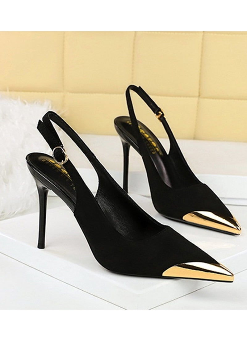 BIGTREE Women's Metal Closed Pointed Toe High Heels With Ankle Straps Suede Stiletto Pumps Black 9.5CM - Image 2