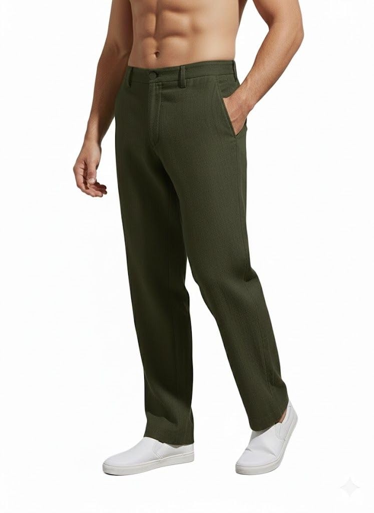 SMOWKLY Casual Trousers for Men |Men’s Regular Fit Straight Pants |Comfortable Stylish Trousers for Men |Soft Fabric Chinos for Everyday Wear, Travel & Office |Linen Cotton Bottom Wear(1692_OLV_34) - Image 1