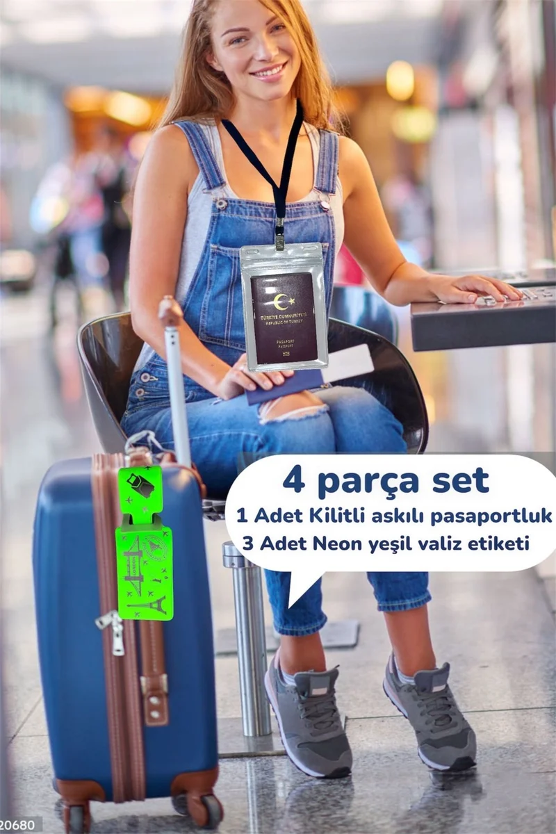 Gempo 4 Piece Travel Set 1 Locked Passport Case with Strap & 3 Neon Luggage Tags