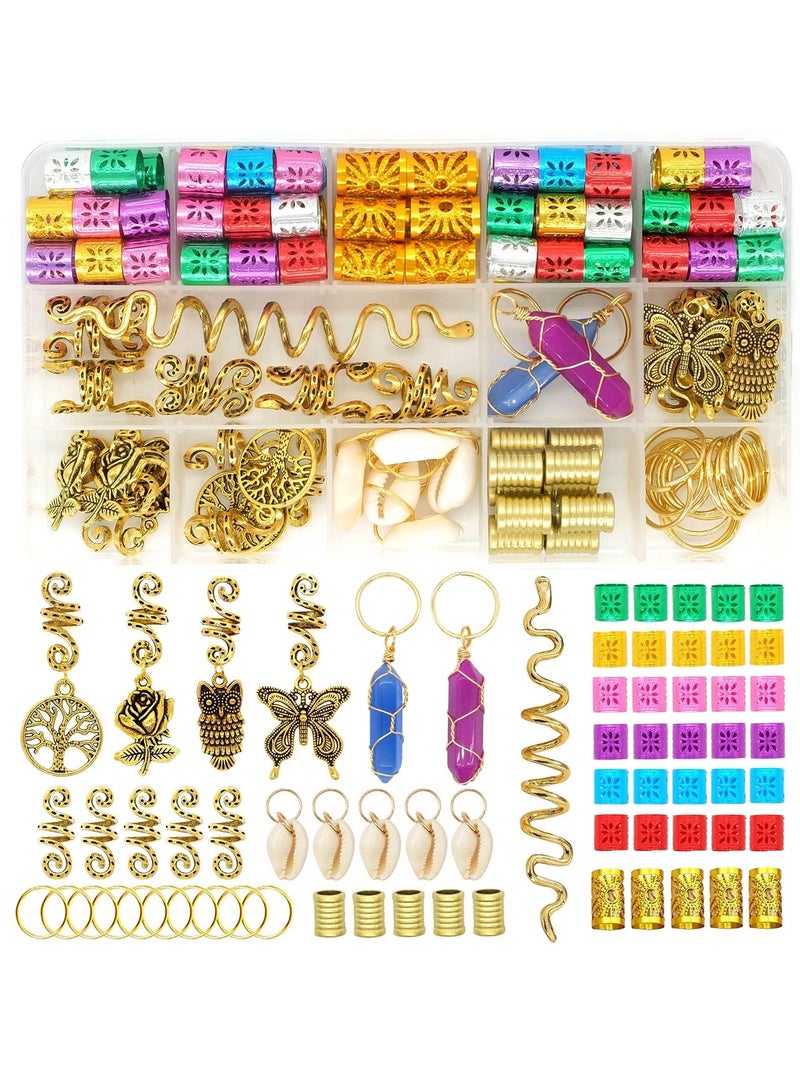 SOLARAE Dreadlocks Hair Jewelry for Women Braids Hair, Crystal Gemstone Pendant Hair Accessories, Gold and Colorful Hair Rings for Braids, Cute Hair Pendants Butterfly Rose Shell and Snake - Image 1