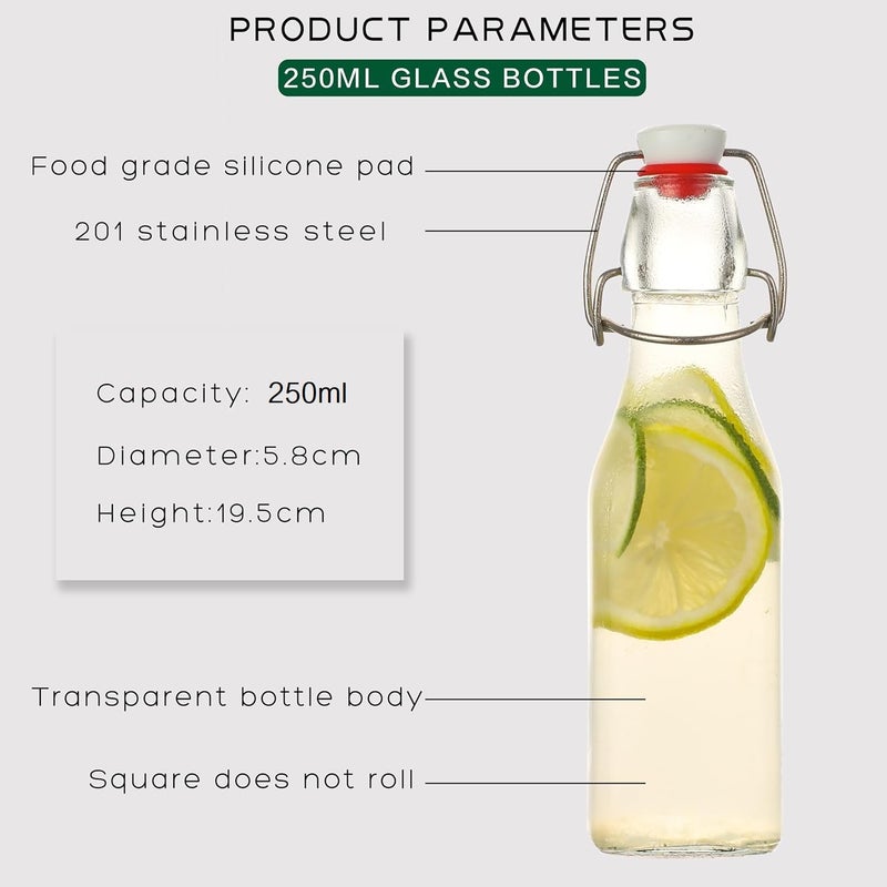 yomith Glass Bottle 250ml Airtight Rubber Seal Leakproof Flip Cap Freezer Safe for Home Beverages Water Juice Wine Milk Oil Soda Square Pack Of 4 - Image 4