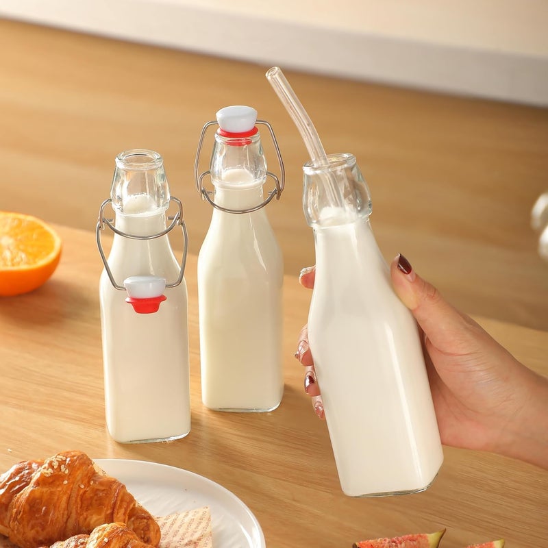 yomith Glass Bottle 250ml Airtight Rubber Seal Leakproof Flip Cap Freezer Safe for Home Beverages Water Juice Wine Milk Oil Soda Square Pack Of 4 - Image 2